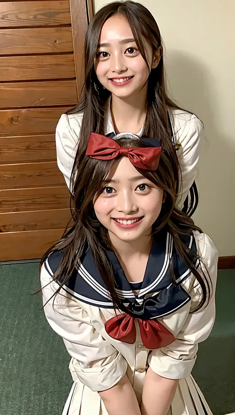 (((cowboy shot))),Ultra-high resolution,big eyes,(brown eyes),Japanese,(forehead),(a girl),(1 girl),((17 years old)),(cute),pretty,((facing at viewer)),grin,((white school sailor uniform)),pleated skirt