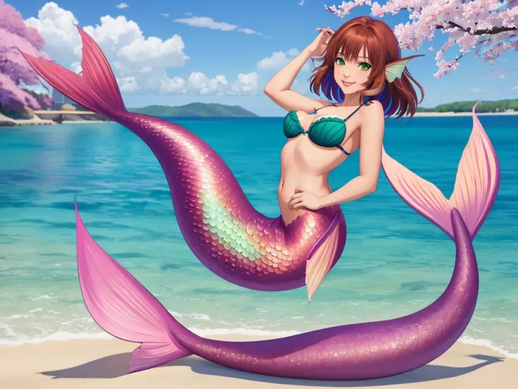 masterpiece, best quality:1.2), 1girl, smile, looking at viewer, green eyes, short brown multicolored hair, mermaid, mermaid girl, wearing purple seashell bra, laying on beach, colorful mermaid tail, outdoors, head fins, fin ears, under cherry blossoms