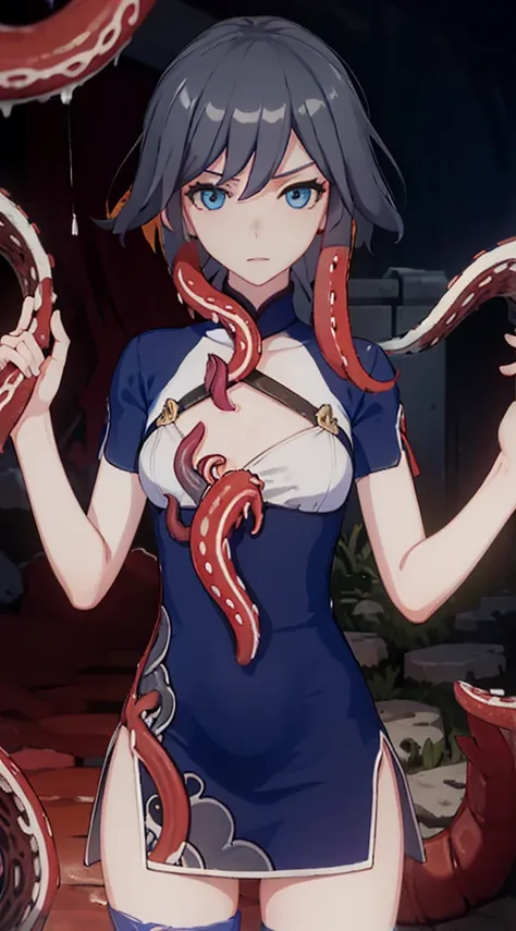 having tentacle sex, (many alien tentacles:1.2), torn, china dress, too many, constraints, (multiple inserts:1.2), short hair, b...