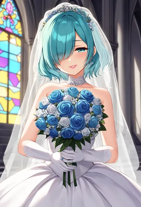 (8k, masterpiece, best quality, ultra-detailed, an extremely delicate and beautiful, official style, depth of field, highly detailed, very aesthetic, intricate, overall detail, perfect anatomy), looking at viewer, front view, church, 1girl, solo, aqua hair...