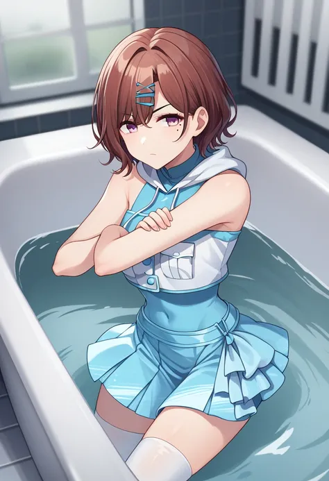 score_9, score_8_up, score_7_up, BREAK source_anime, 1girl, higuchi madoka, short hair, brown hair, x hair ornament, purple eyes, blue shirt, cropped jacket, off shoulder, blue skirt, white thighhighs, serious, blurry foreground, bathtub 