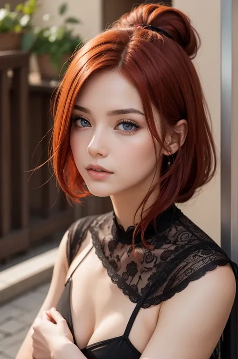 Woman, Red hair, fair skin and amber eyes