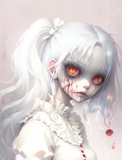 there is a woman with white hair and a creepy face, white scary skin, with glowing red eyes, with red glowing eyes, zombie with white eyes, jeff the killer, ghoul, kaneki ken, pale white face, pale young ghost girl, gapmoe yandere grimdark, gapmoe yandere,...