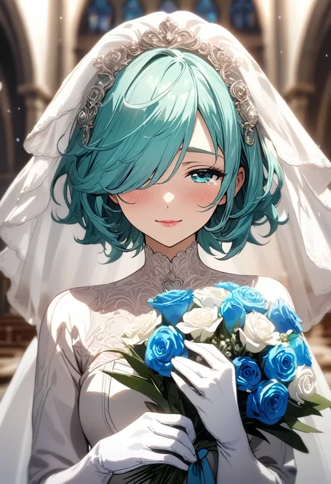 (8k, masterpiece, best quality, ultra-detailed, an extremely delicate and beautiful, official style, depth of field, highly detailed, very aesthetic, intricate, overall detail, perfect anatomy), looking at viewer, front view, church, 1girl, solo, aqua hair...