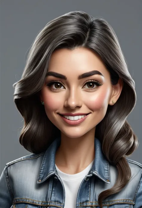 make a caricature image, female, wearing denim jacket, gray background, with sufficient lighting, caricature, 3D, 8D image quality