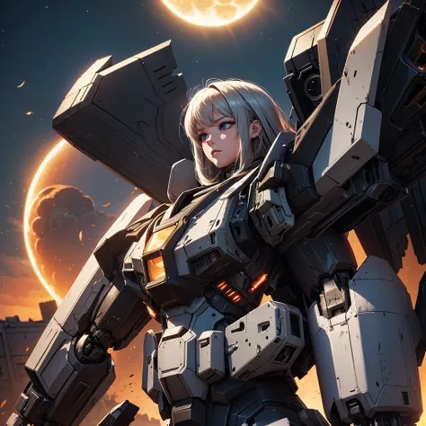 female mecha wings of angel, in black armor, in a destroyed city, the night, with an eclipse in the background