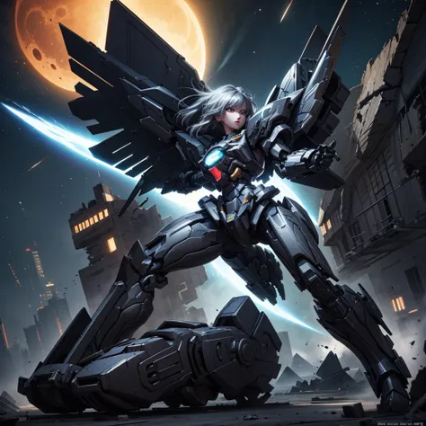 female mecha wings of angel, in black armor, in a destroyed city, the night, with an eclipse in the background