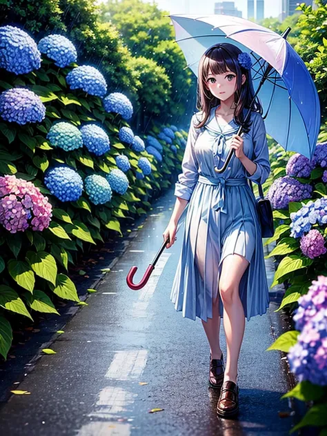 Highest quality,Highest Resolution,rainy season,A road lined with hydrangeas,High school girl walking with an umbrella,