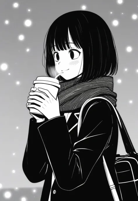 masterpiece, best quality, 1girl, mamerakkkkko, grayscale, manga style, japanese, chi no wadachi, black eyes, street, iced, black hair, schoolbag, smile, lineart, black coat, black scarf, black pleated skirt, leggins, centered, 18 years old, tall, fair ski...