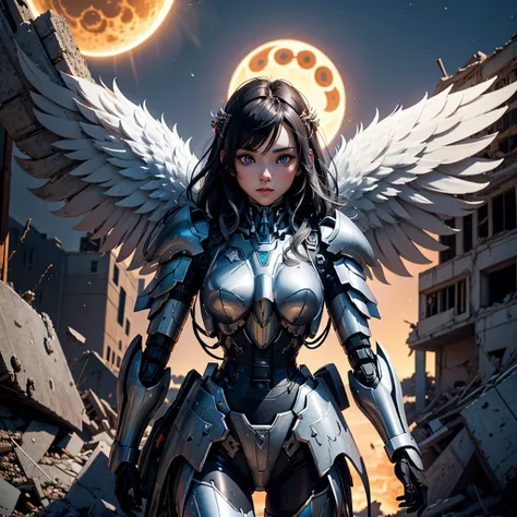 female mecha wings of angel, in black armor, in a destroyed city, the night, with an eclipse in the background