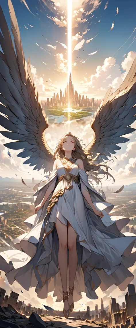 best quality, super fine, 16k, incredibly absurdres, extremely detailed, 2.5D, delicate and dynamic depiction, goddess looking down from the sky, compassionate expression, feathered robes, devastated land and city, magnificent view:1.5