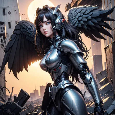 female mecha wings of angel, in black armor, in a destroyed city, the night, with an eclipse in the background