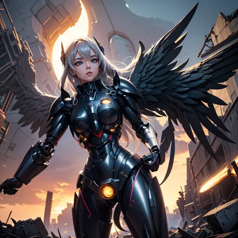 female mecha wings of angel, in black armor, in a destroyed city, the night, with an eclipse in the background