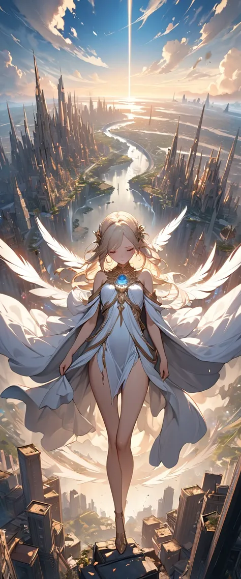 best quality, super fine, 16k, incredibly absurdres, extremely detailed, 2.5D, delicate and dynamic depiction, goddess looking down from the sky, compassionate expression, feathered robes, little exposed skin, devastated land and city, magnificent view:1.5