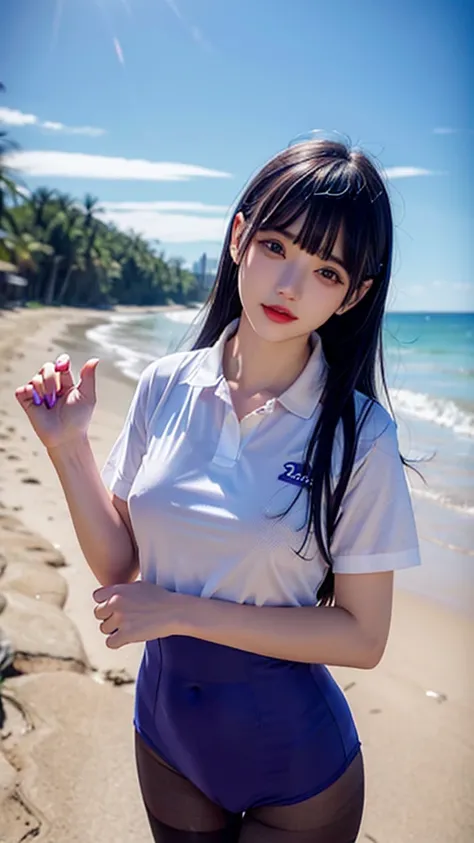 polo shirt、pantyhose/stockings、during、nsfw,revealing、Bite、Erect nipples、Wet T-shirt、Beach、Blue hair、mansuji、Purple Hair、Erect nipples