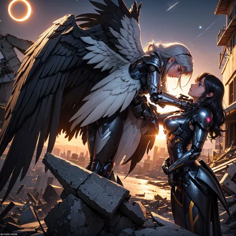 female mecha wings of angel, in black armor, in a destroyed city, the night, with an eclipse in the background