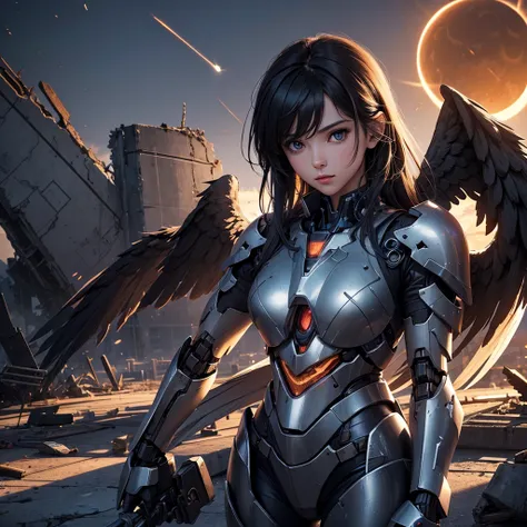 female mecha wings of angel, in black armor, in a destroyed city, the night, with an eclipse in the background