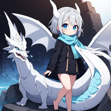 (masterpiece, Highest quality, Highest quality), Messy Hair,black_trench coat,light blue_Scarf,short hair,Girl,Gray Hair,blue eyes.White dragon wings on his back,Has a white dragon&#39;s tail,Put your hands in your pockets