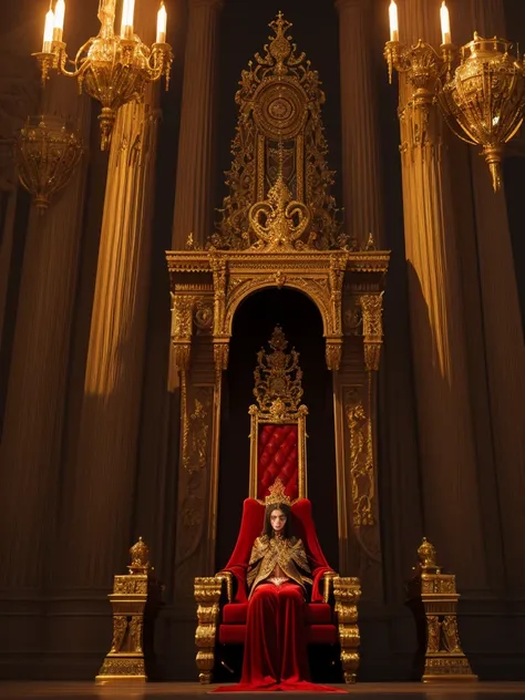 A grand, imposing throne made of dark, polished stone, adorned with intricate carvings and glowing runes. The throne is set on a high platform, surrounded by towering columns and flickering torches. The seat is cushioned with rich, crimson velvet, and the ...