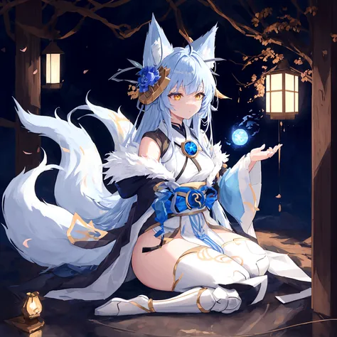 fox Light blue hair 　beast girl　indigo fur　fox beast girl　fox Light blue hair 　beast girl　indigo fur　fox beast girl　Wallpaper 4k,8k,highly detailled,,vivid colors,detailed kitsune with 9 tails,traditional Japanese artwork,tatami floor,beautiful cherry blos...