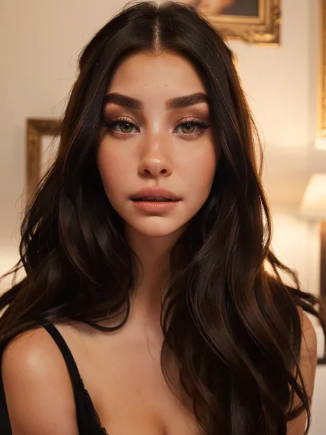 A woman with long black hair and a black top posing for a photo., soft devil queen Madison Beer, Portrait Sophie Mudd, Violet Myers, looks like a Christmas fairy tale, beautiful latin face, Madison Beer, sexy face with full makeup, Instagram Template, dark...