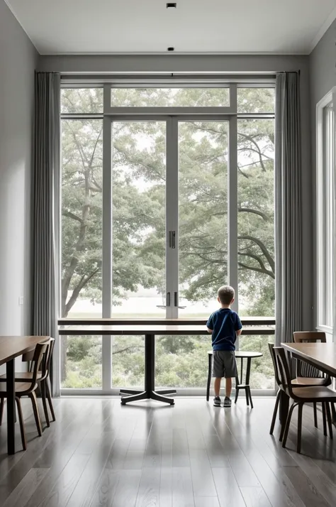 A boy turning his back, looking out the window where you can see big trees, grey sky, You can see the room where the gray is, big windows, long tables with chairs, grayish white floor, the boy&#39;s messy brown hair can be seen, with a gray t-shirt and pan...