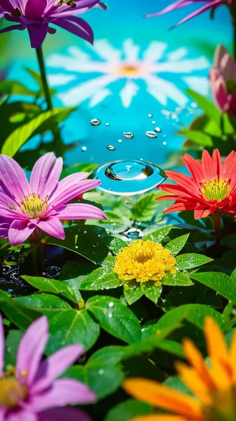 Imagine a vivid close-up, Unusual flowers, The petals spread out in vibrant colors like a kaleidoscope. Dewdrops on the surface reflect the surrounding environment, Make something small, The world reflected in each drop of water. The flowers stand out agai...