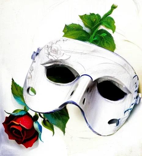 a drawing of a white mask with a rose on it, theater mask, masqua, ( ( mask ) ), broken mask, white mask, mask, by rhea carmi, g...