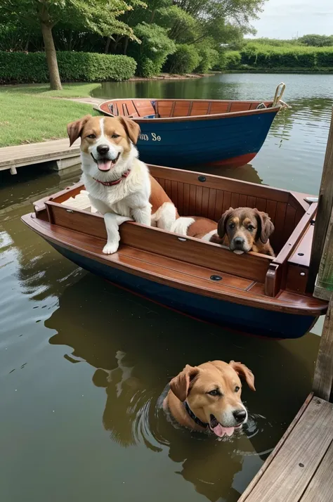 Adog siting in a, boat and the dog play there