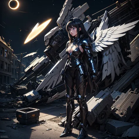 female mecha wings of angel, in black armor, in a destroyed city, the night, with an eclipse in the background