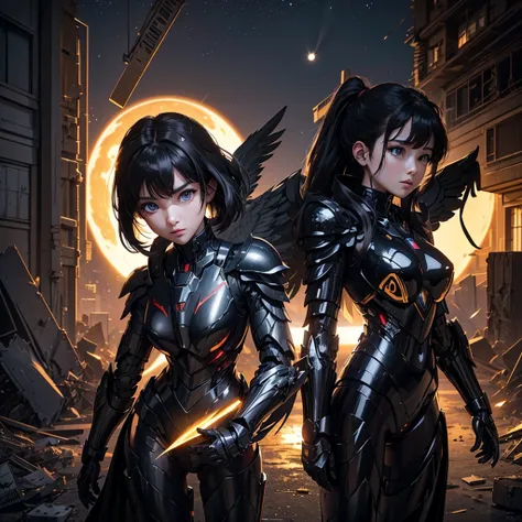 female mecha wings of angel, in black armor, in a destroyed city, the night, with an eclipse in the background