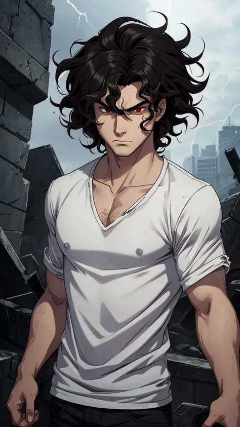 26-year-old young man with an angry appearance, red eyes, black, wavy hair cut, white skin, weather-worn clothes, 1.67 tall.