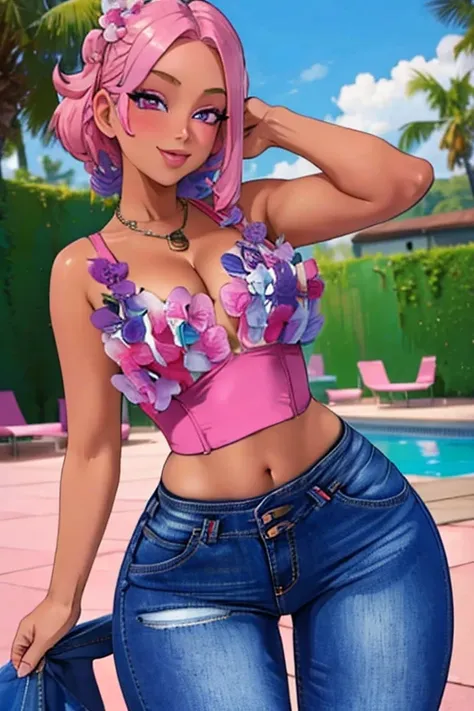 a pink haired woman with violet eyes and an hourglass figure is wearing a crop top and tight jeans in by the pool with a blush a...