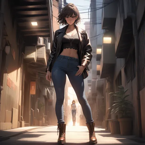 (best quality, 8k, masterpiece, highres, ultra-detailed), photorealistic, Tsukasa Hojo style, rebellious woman, leather jacket, denim jeans, boots, standing, dark alleyway,  delicate features,  soft shadows,  defiant expression,  wild eyes,  subtle details...