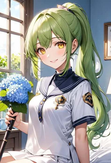 (close up face) (15 yo, solo ponytail green hair long hair divine axe fighter girl, cute cool yellow eyes, love smile, medium tits), (in a summer maide uniform), break, (in the simple bedroom, background Through the window, out side A cluster of hydrangeas...