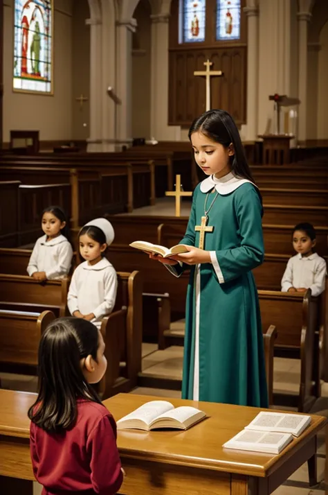 A catholic church and eucharistic children are listening to a catechist holding a book and teaching 