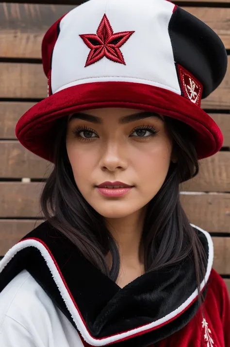 Create a cap with quality materials such as fabric, velvet and fur, with red white and black colors with a red embroidery that says amlo 