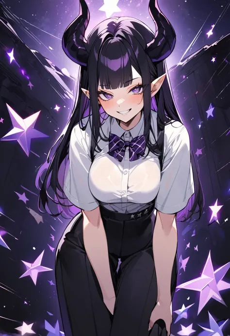 A girl with long black hair with straight bangs, with hair cut at the ends. Two large strands in the front, one bigger than the other. A rebel thread. A small white streak in your bangs. Two demon horns, one purple and one black, both with a dark purple st...