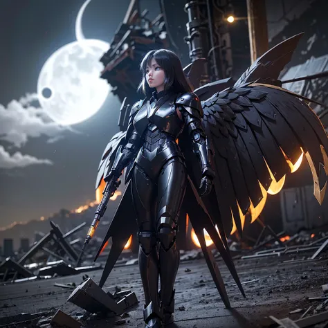 female mecha wings of angel, in black armor, in a destroyed city, the night, with an eclipse in the background