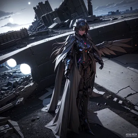 female mecha wings of angel, in black armor, in a destroyed city, the night, with an eclipse in the background