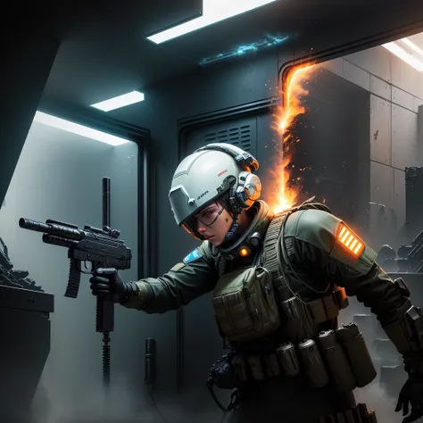 a close up of a person holding a gun near a fire, futuristic soldier, sci-fi soldier, futuristic battlefield, space soldier on mars with a gun, clothed in sci-fi military armor, fps game concept art, epic scifi character art, epic sci - fi character art, e...