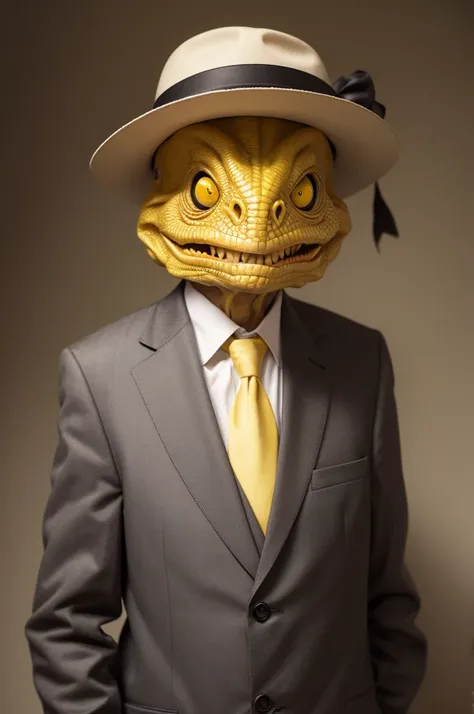 old humanoid with wrinkled face and yellow reptilian eyes, hat suit is tie.