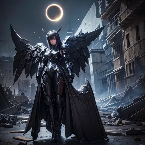 female mecha wings of angel, in black armor, in a destroyed city, the night, with an eclipse in the background