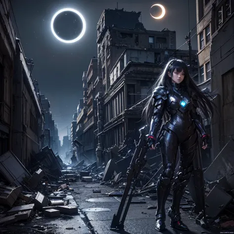 female mecha wings of angel, in black armor, in a destroyed city, the night, with an eclipse in the background