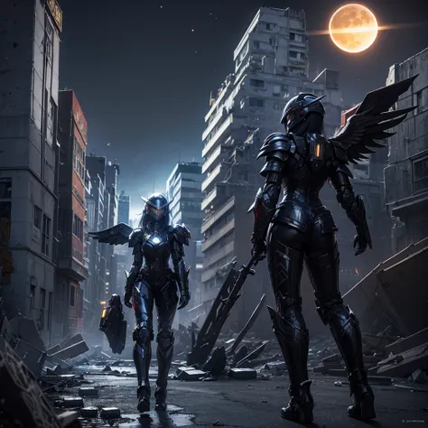 female mecha wings of angel, in black armor, in a destroyed city, the night, with an eclipse in the background