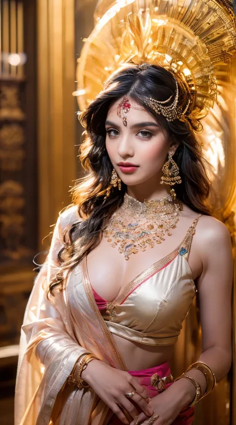 ((Best quality, 8k, Masterpiece :1.3)), Sharp focus :1.2, Generate a realistic image of a beautiful sexy Indian woman dressed in a white Kasava saree, adorned with traditional ornaments, standing in a well-lit room with cinematic lighting. ((Front view, ra...