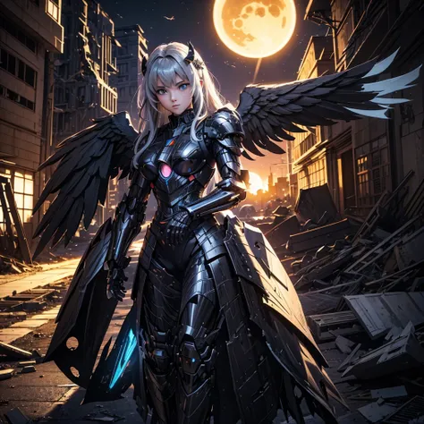 female mecha wings of angel, in black armor, in a destroyed city, the night, with an eclipse in the background