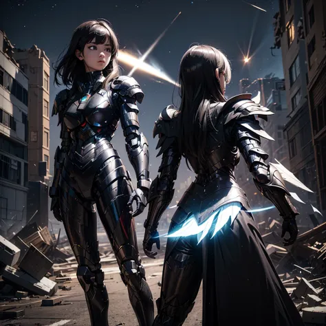 female mecha wings of angel, in black armor, in a destroyed city, the night, with an eclipse in the background