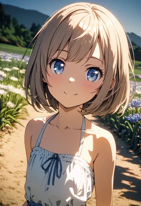 1 girl, 18yo, (flat chest: 1.5), blue eyes, light brown hair, bob cut, early summer outfit, smiling, posing, having fun, upper body, Agapanthus flowers spread across the fields, sunset, 8k, RAW photo, best quality, masterpiece, extremely detailed 8k wallpa...