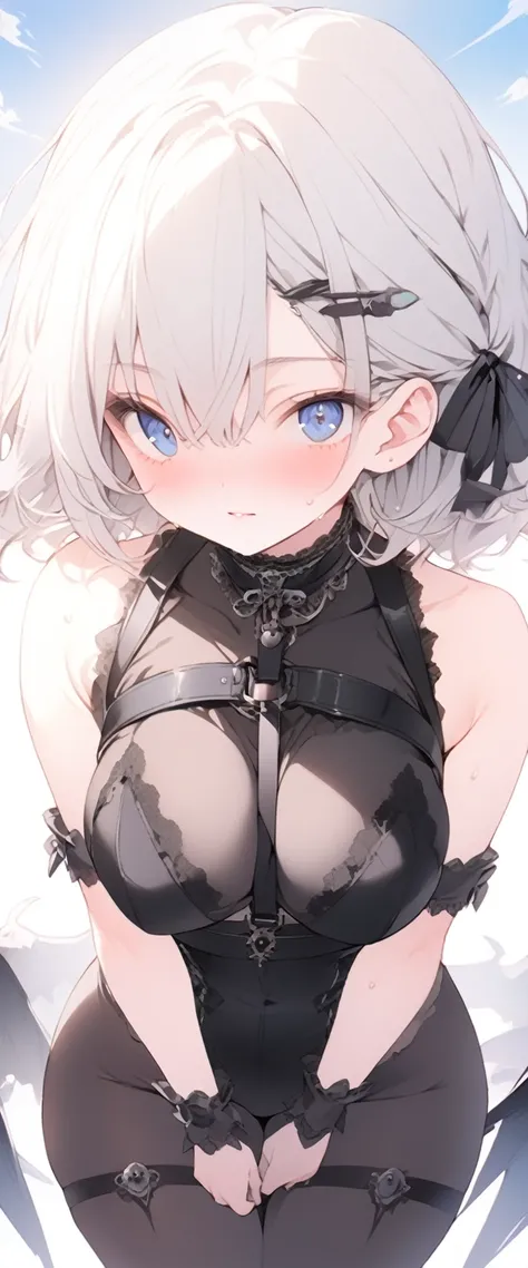 beautiful, masterpiece, Highest quality, anime, One girl, C Cup,Portrait Shot, View your viewers, Covered、Short Hair、nearby、Blue Eyes、art、、White hair,Blue streaked hair、hairpin、Cute Shy、Thighs、Cute、blue sky、Beautiful breasts、Full Harness、valley、Sweat、、Unde...